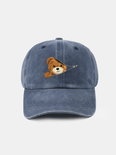 Zipper Bear Pattern Casual Washed Cotton Baseball Cap