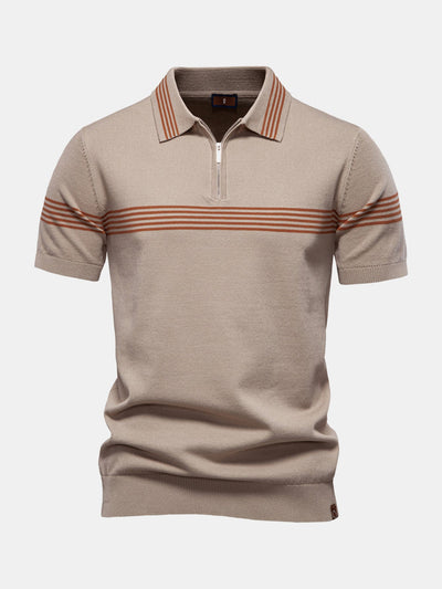 Stripe Knit Zip Up Polo Shirt