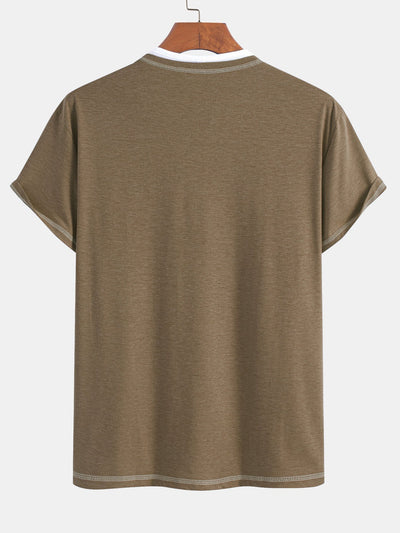 2-in-1 Notched Collar Contrast Stitching T-Shirt