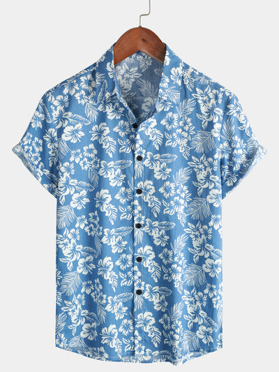 Men's Blue Tropical Floral Plant Leaf Cotton Button Up Short Sleeve Aloha Resort Beach Shirt