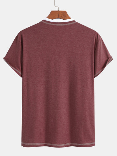 2-in-1 Notched Collar Contrast Stitching T-Shirt