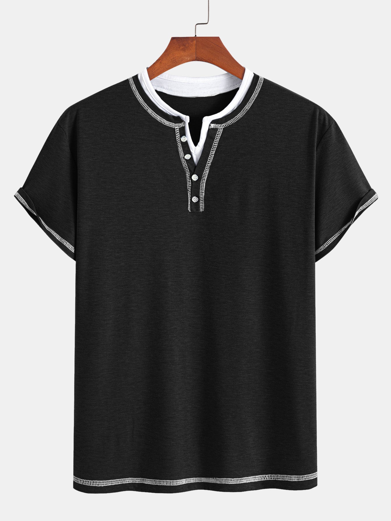 2-in-1 Notched Collar Contrast Stitching T-Shirt