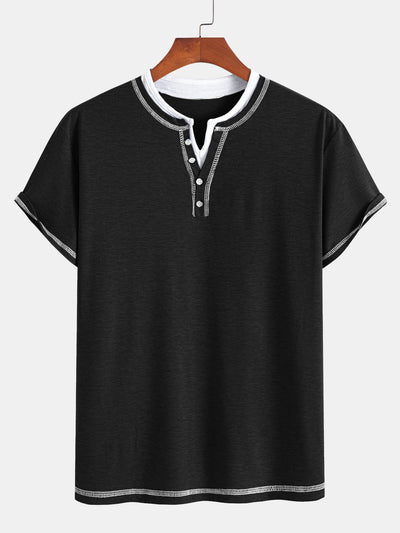 2-in-1 Notched Collar Contrast Stitching T-Shirt