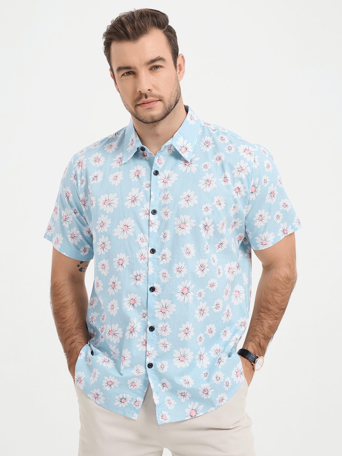Men's Blue Daisy Floral Summer Button Up Hawaiian Short Sleeve Shirt