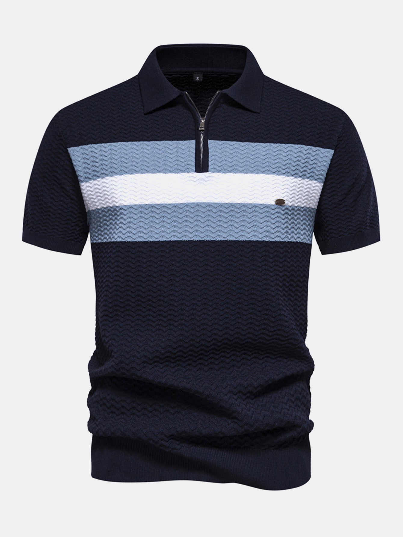Contrast Textured Jacquard Knit Zip Up Polo Shirt