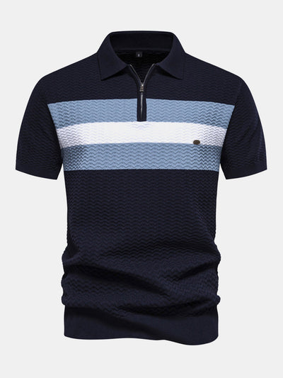 Contrast Textured Jacquard Knit Zip Up Polo Shirt