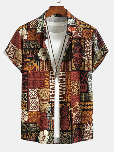 Pineapple Ethnic Hawaii Print Button Up Shirt
