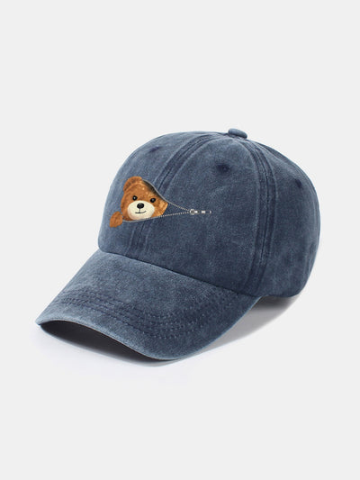 Zipper Bear Pattern Casual Washed Cotton Baseball Cap