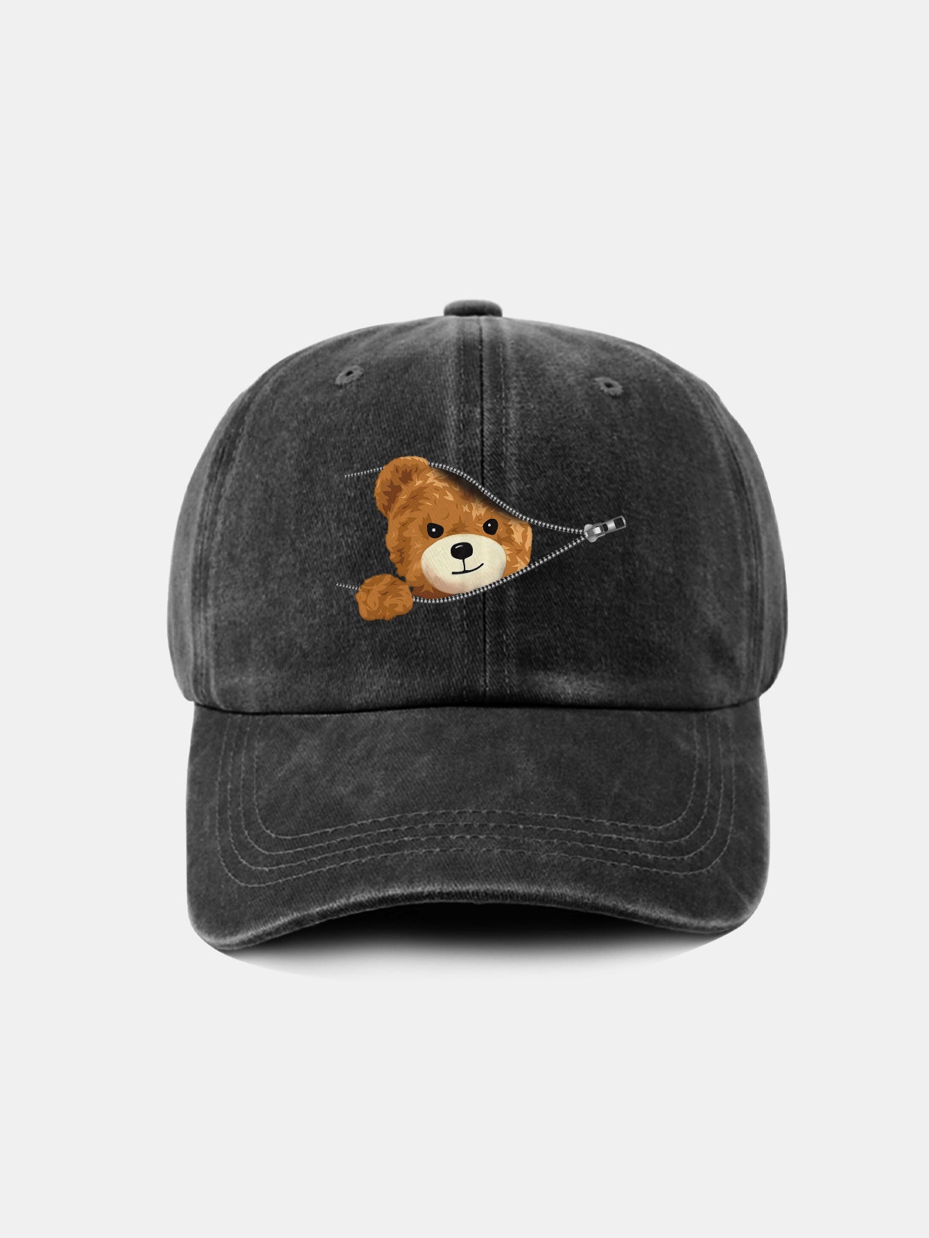 Zipper Bear Pattern Casual Washed Cotton Baseball Cap