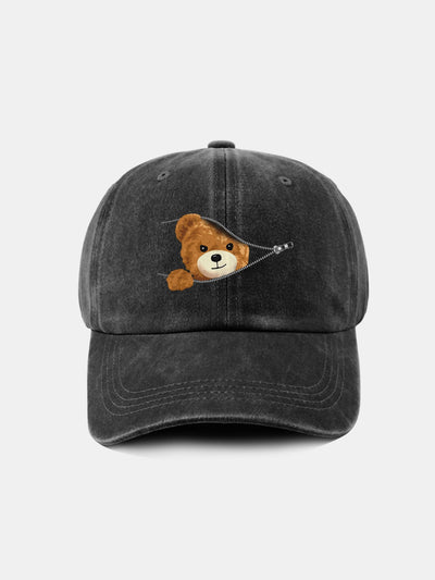 Zipper Bear Pattern Casual Washed Cotton Baseball Cap