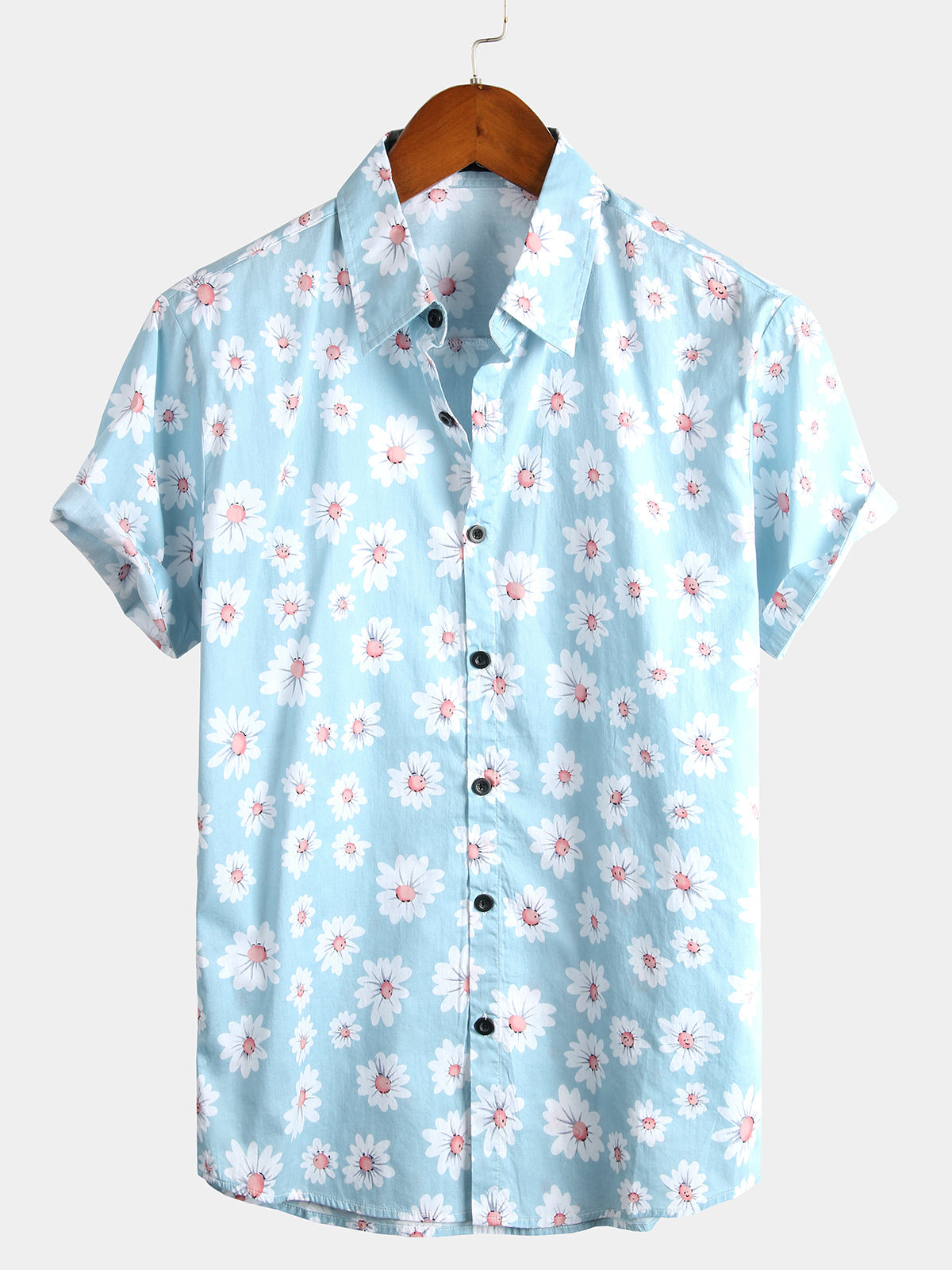 Men's Blue Daisy Floral Summer Button Up Hawaiian Short Sleeve Shirt