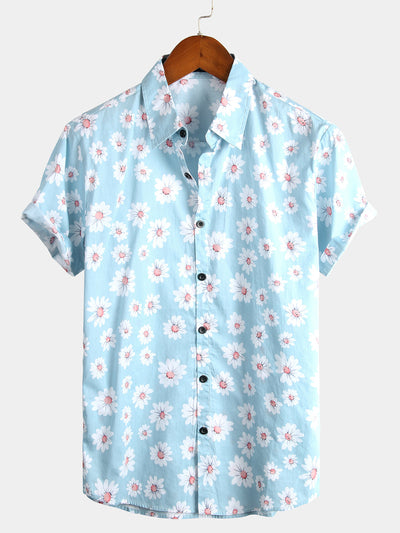Men's Blue Daisy Floral Summer Button Up Hawaiian Short Sleeve Shirt