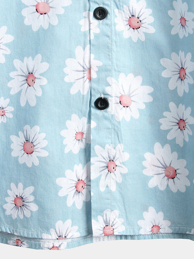 Men's Blue Daisy Floral Summer Button Up Hawaiian Short Sleeve Shirt