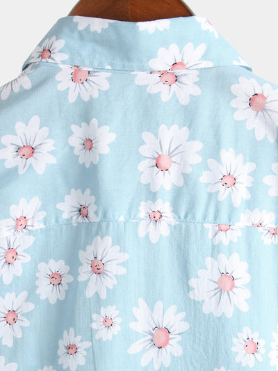 Men's Blue Daisy Floral Summer Button Up Hawaiian Short Sleeve Shirt