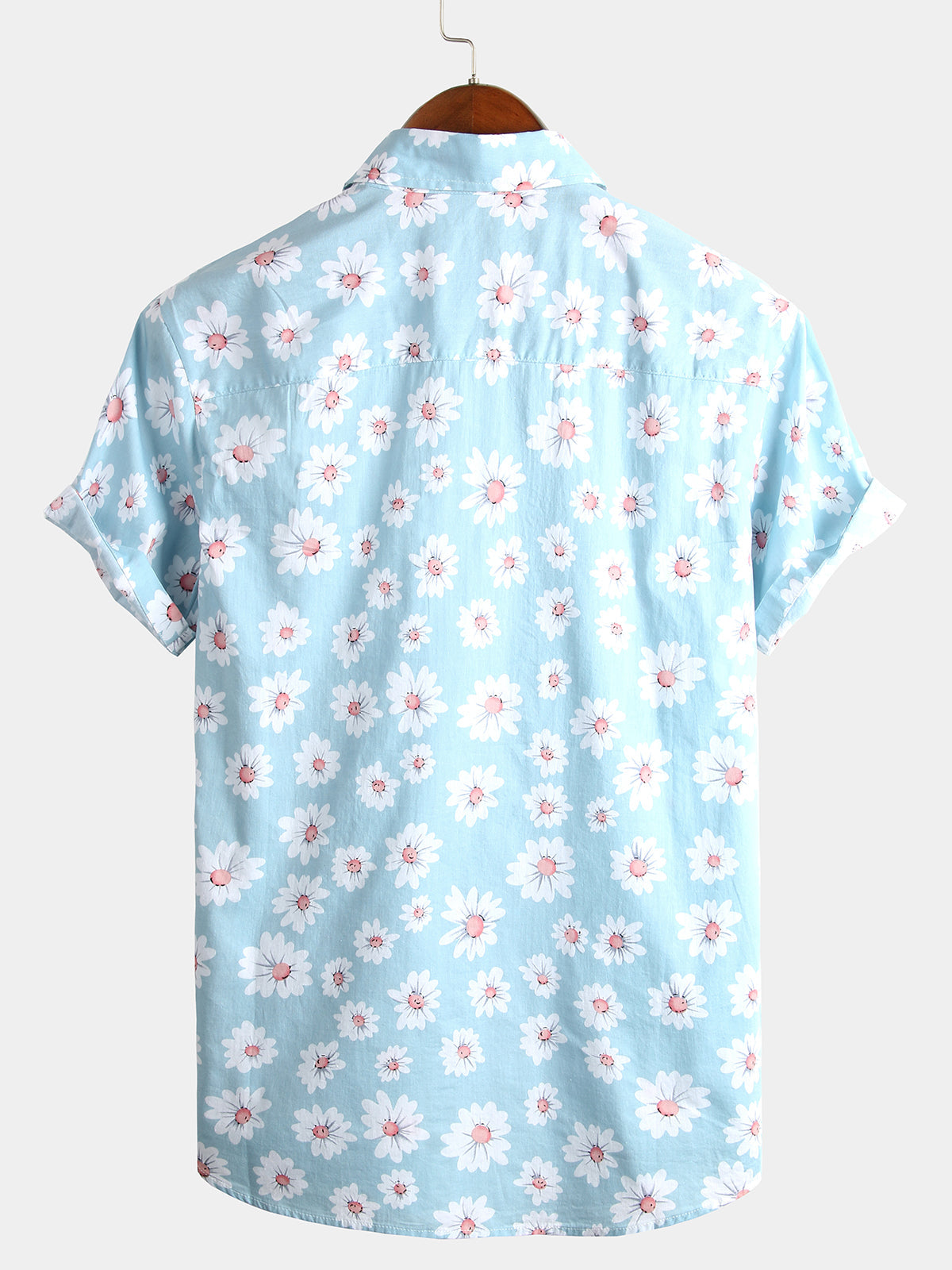 Men's Blue Daisy Floral Summer Button Up Hawaiian Short Sleeve Shirt