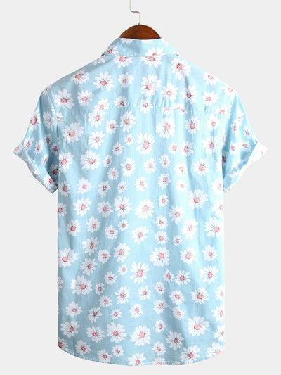 Men's Blue Daisy Floral Summer Button Up Hawaiian Short Sleeve Shirt