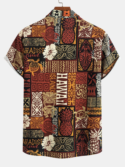 Pineapple Ethnic Hawaii Print Button Up Shirt