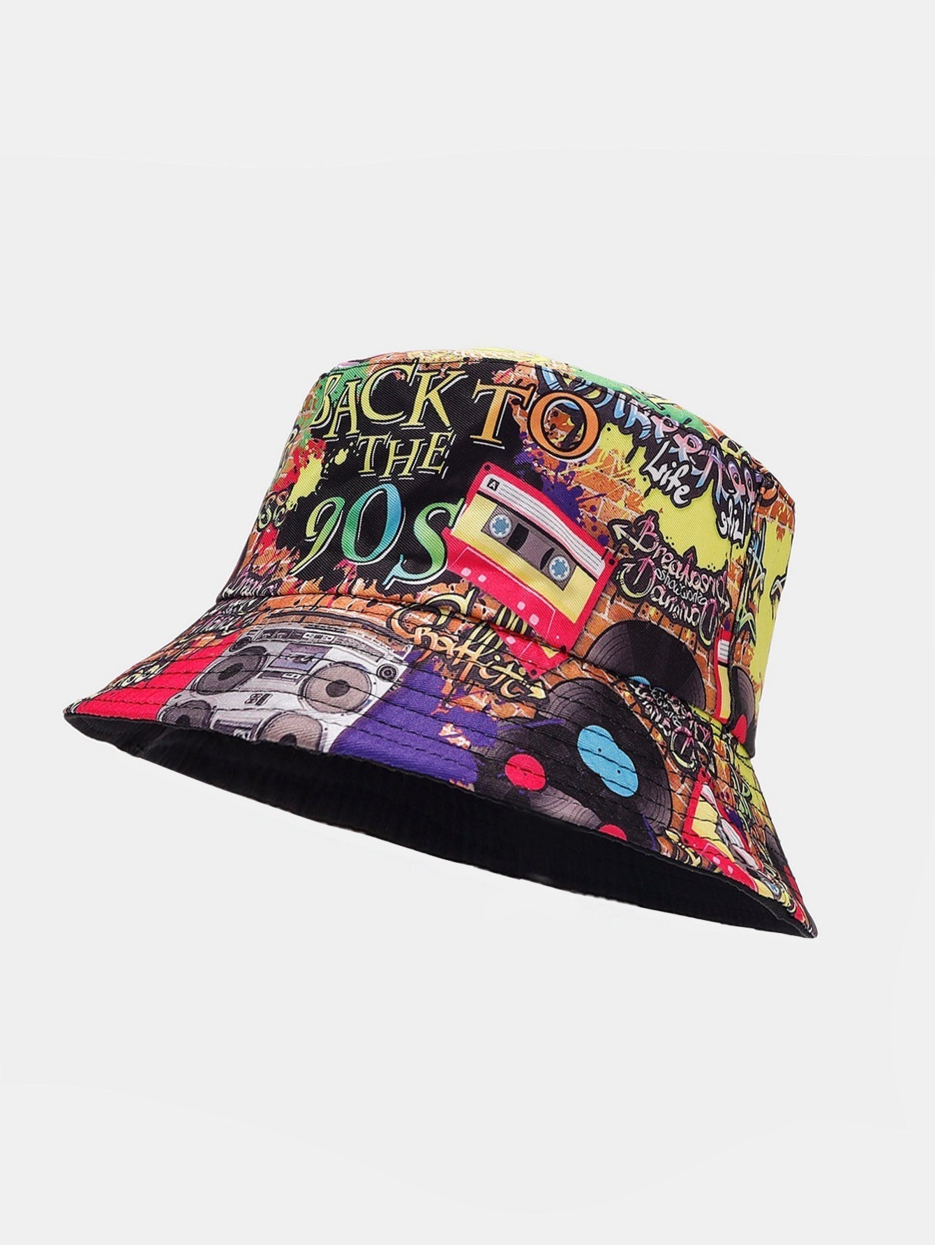 Retro 90s Graffiti Print Reversible Bucket Hat
