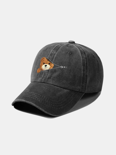 Zipper Bear Pattern Casual Washed Cotton Baseball Cap