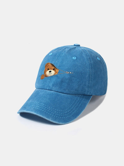 Zipper Bear Pattern Casual Washed Cotton Baseball Cap