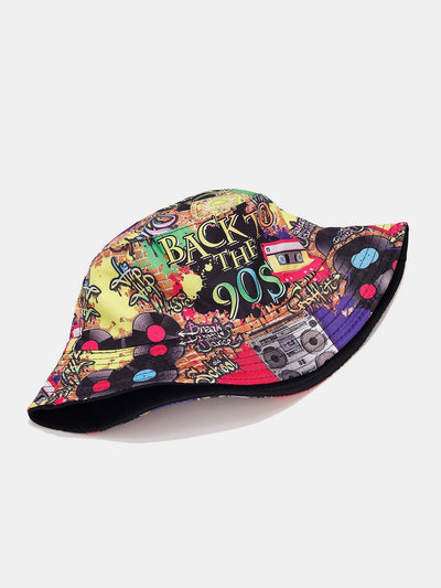 Retro 90s Graffiti Print Reversible Bucket Hat