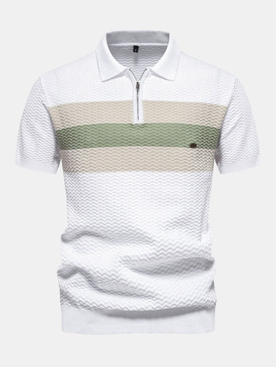 Contrast Textured Jacquard Knit Zip Up Polo Shirt