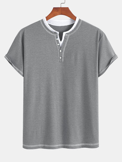 2-in-1 Notched Collar Contrast Stitching T-Shirt