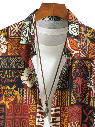 Pineapple Ethnic Hawaii Print Button Up Shirt