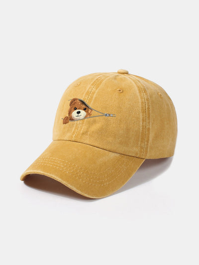 Zipper Bear Pattern Casual Washed Cotton Baseball Cap