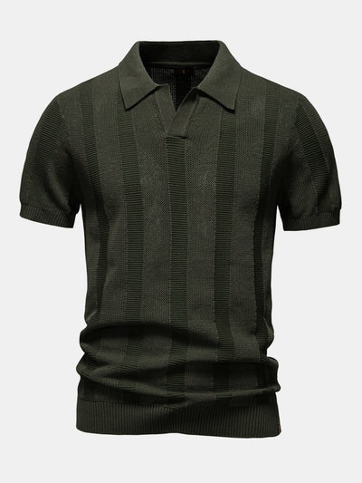 Stripe Hollow Knit V Neck Polo Shirt