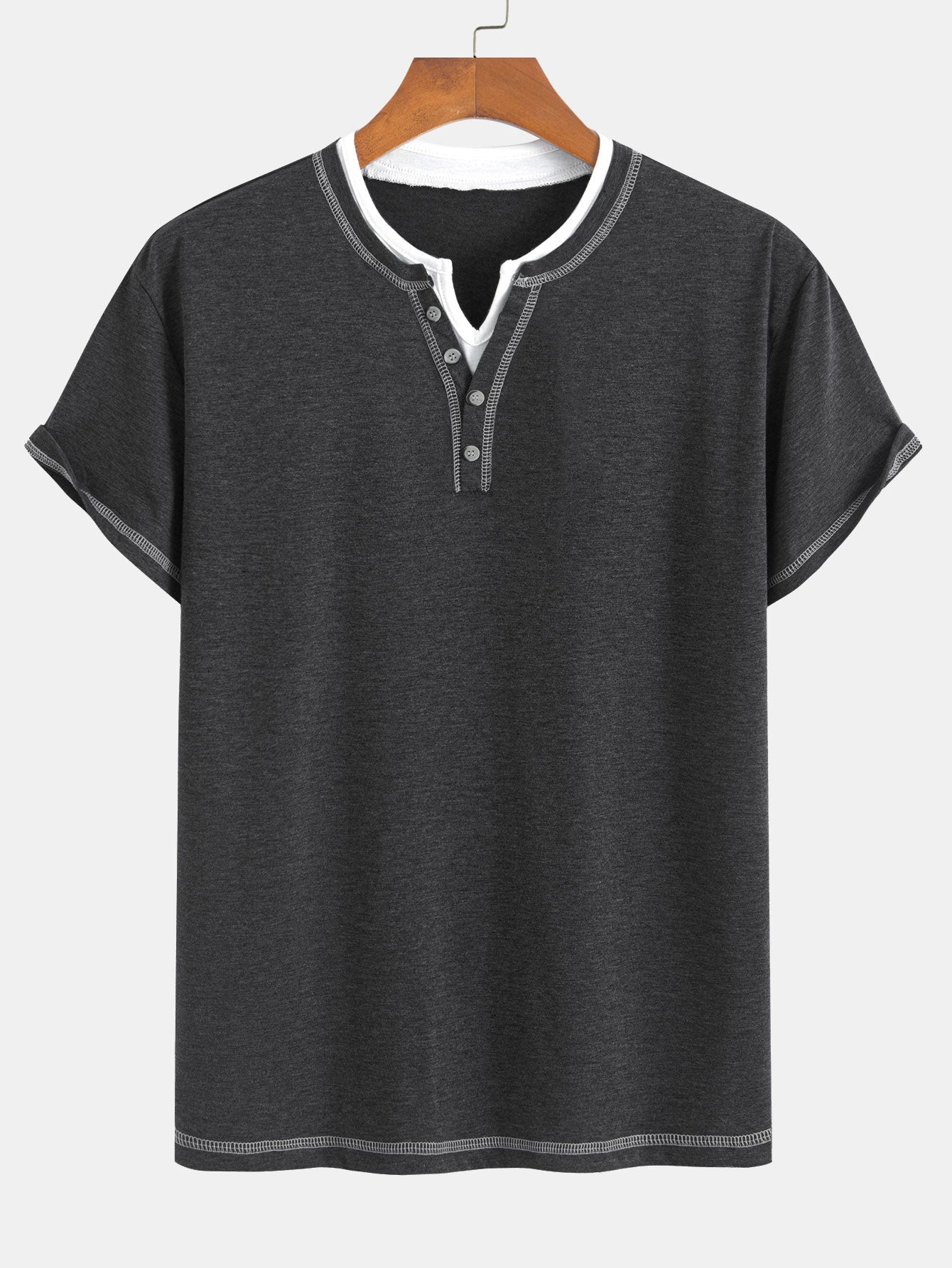 2-in-1 Notched Collar Contrast Stitching T-Shirt