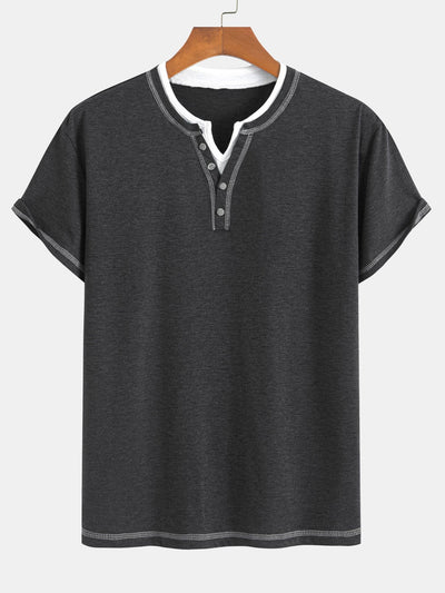 2-in-1 Notched Collar Contrast Stitching T-Shirt