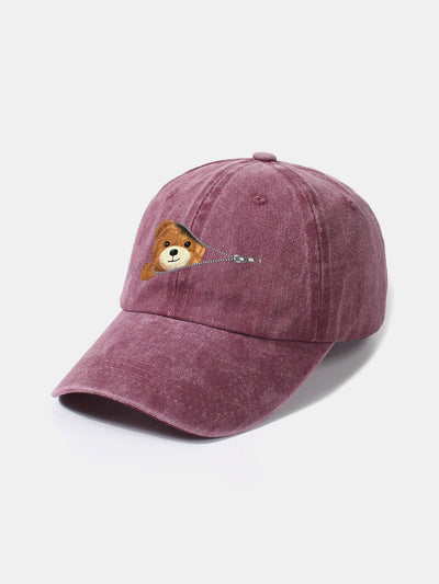 Zipper Bear Pattern Casual Washed Cotton Baseball Cap