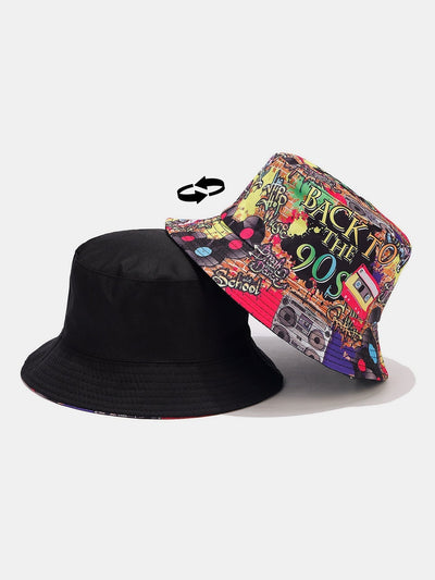 Retro 90s Graffiti Print Reversible Bucket Hat