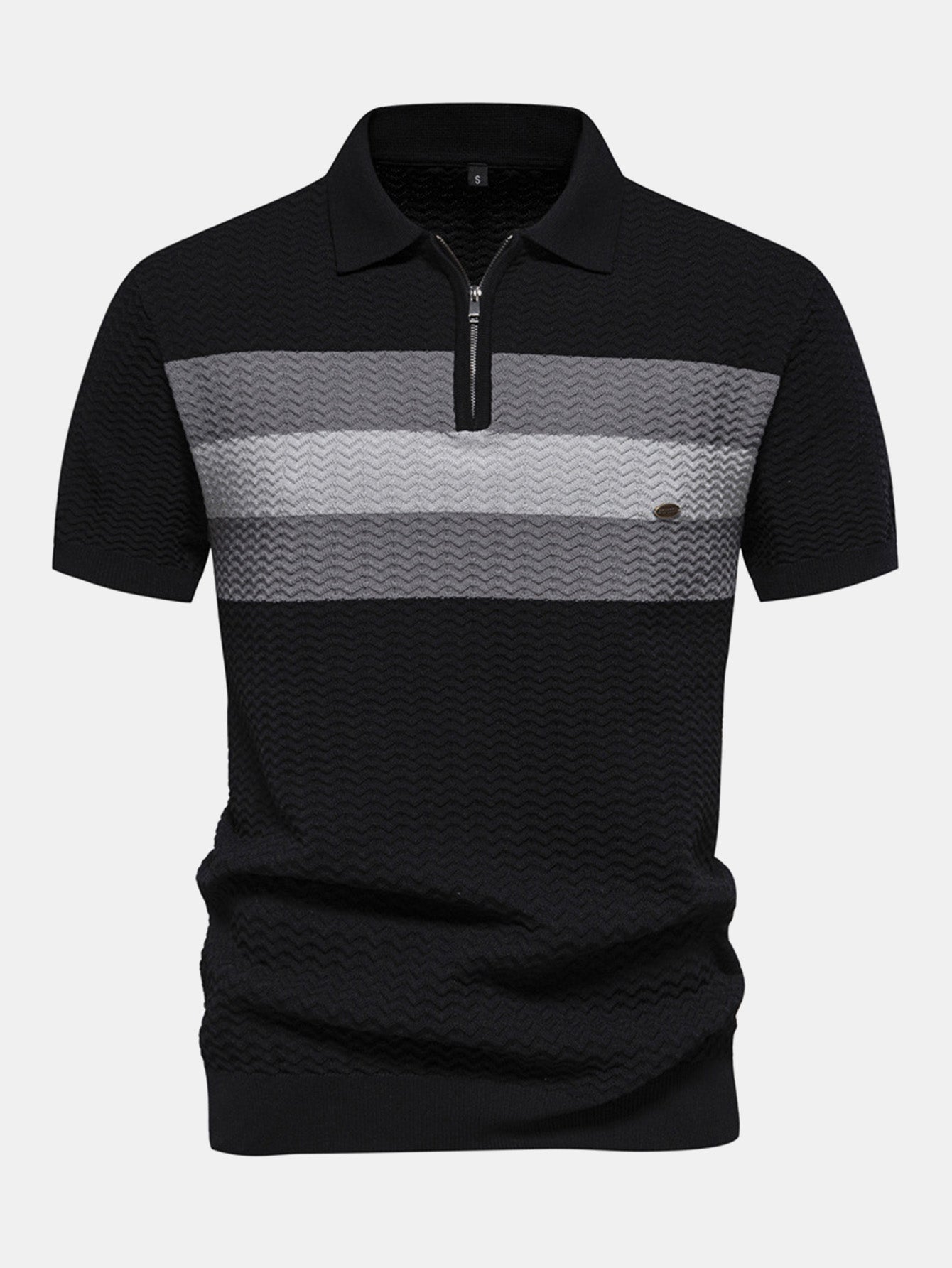 Contrast Textured Jacquard Knit Zip Up Polo Shirt