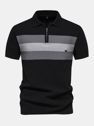 Contrast Textured Jacquard Knit Zip Up Polo Shirt