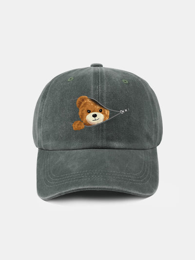 Zipper Bear Pattern Casual Washed Cotton Baseball Cap