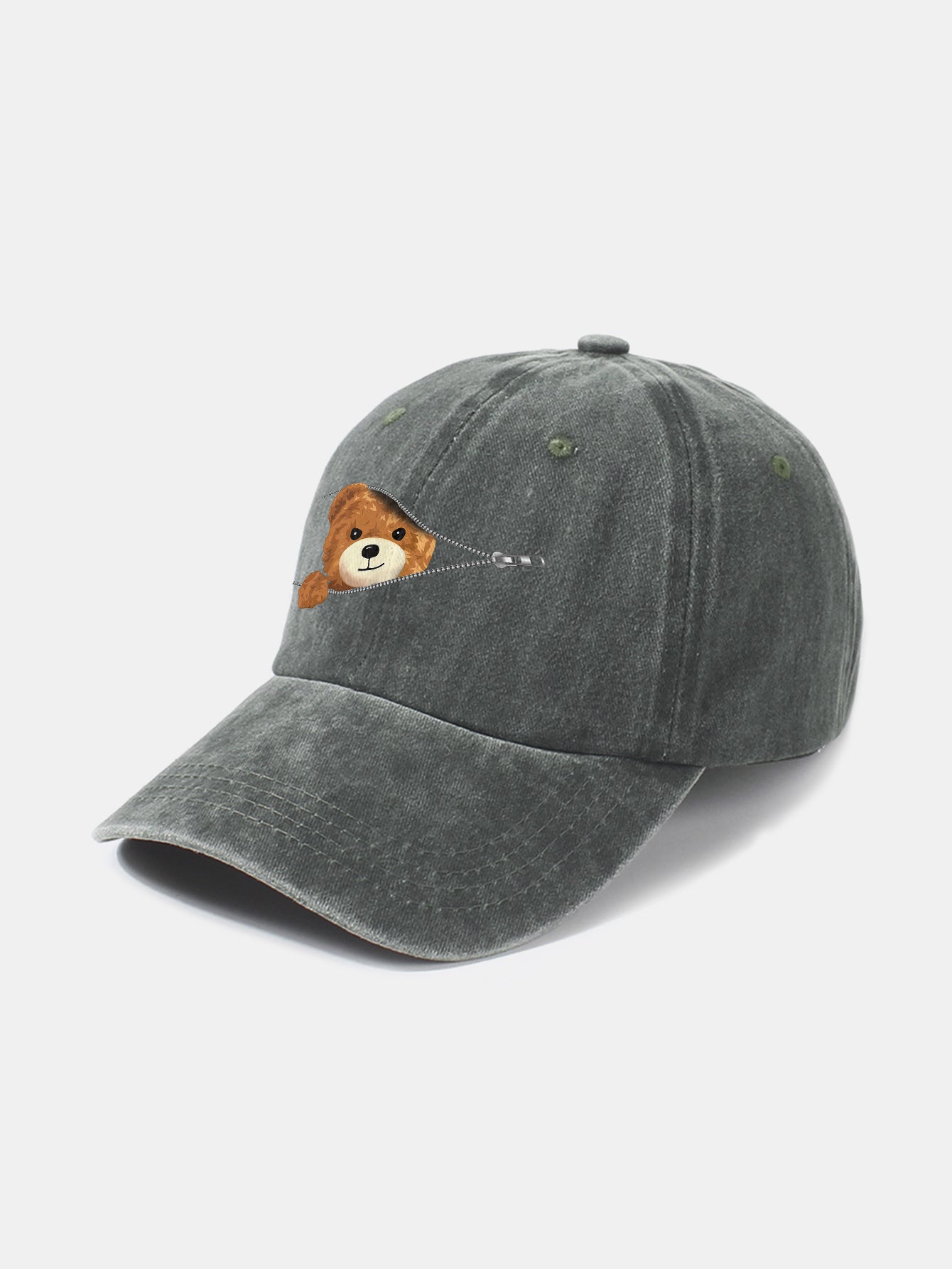 Zipper Bear Pattern Casual Washed Cotton Baseball Cap
