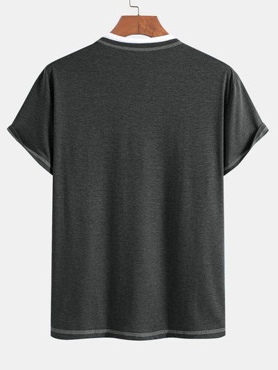 2-in-1 Notched Collar Contrast Stitching T-Shirt
