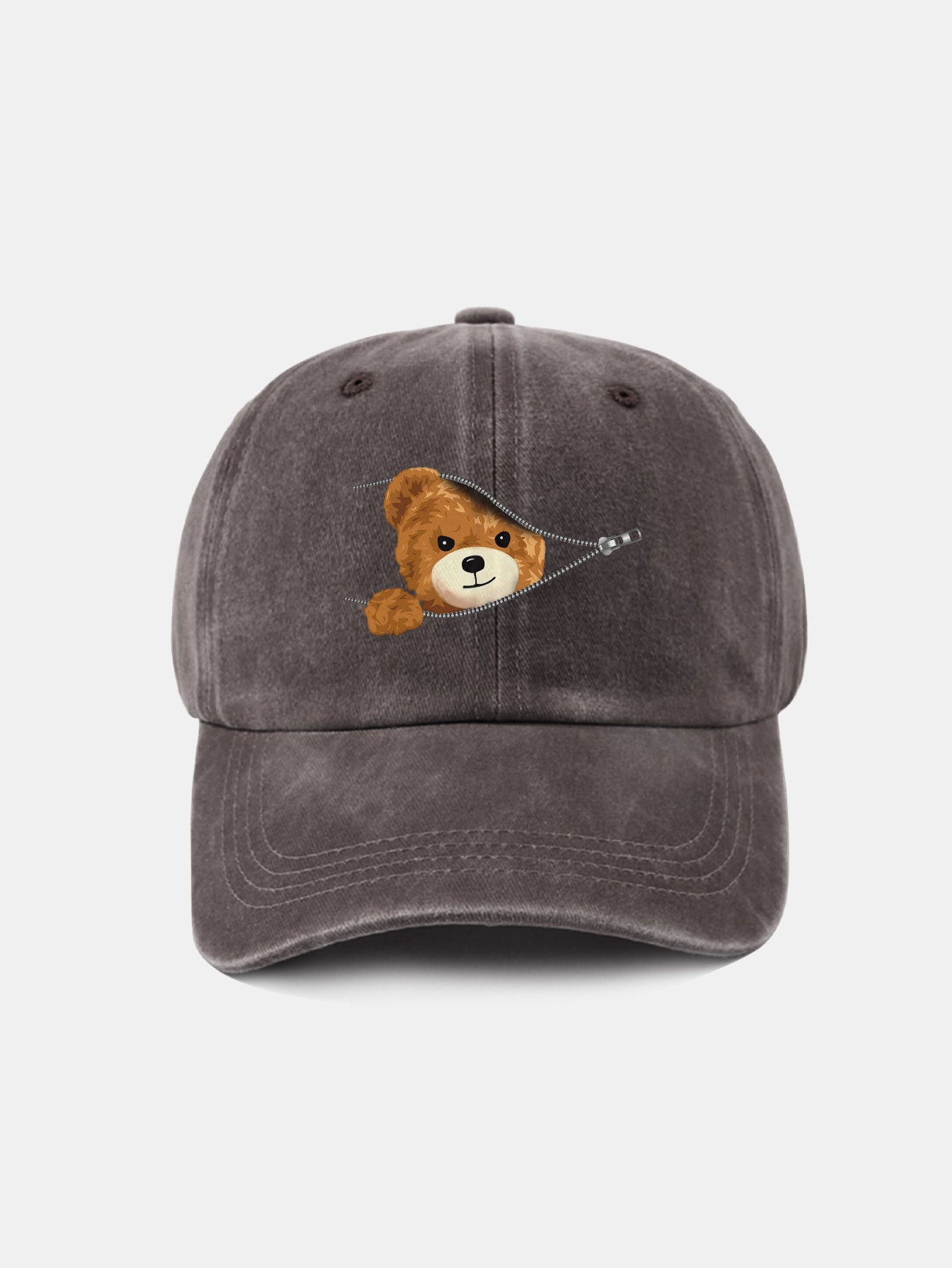 Zipper Bear Pattern Casual Washed Cotton Baseball Cap
