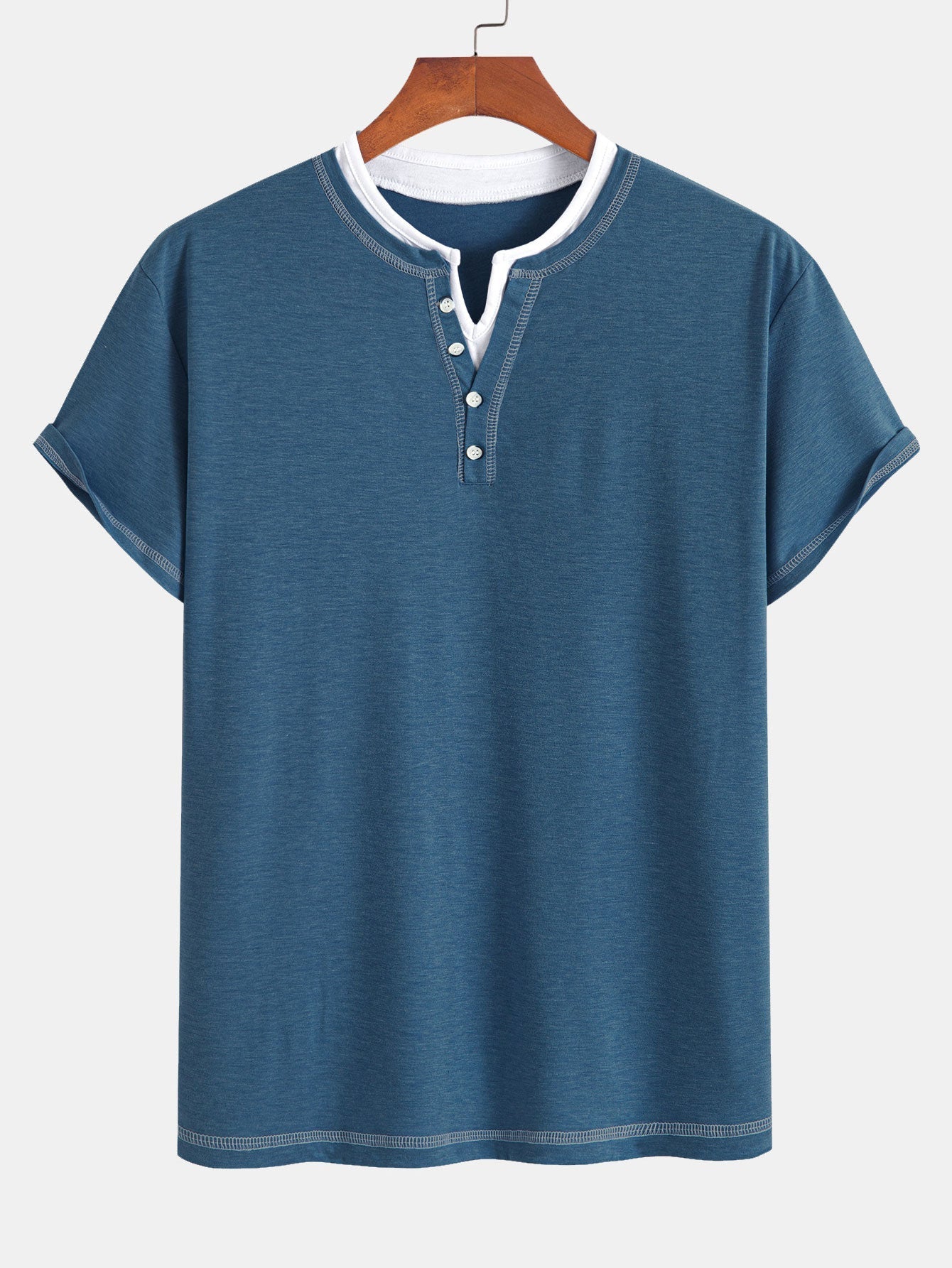 2-in-1 Notched Collar Contrast Stitching T-Shirt