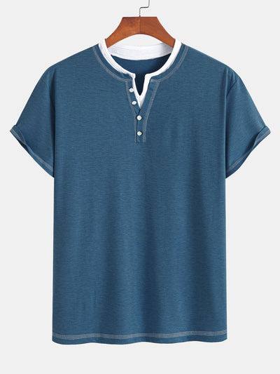2-in-1 Notched Collar Contrast Stitching T-Shirt