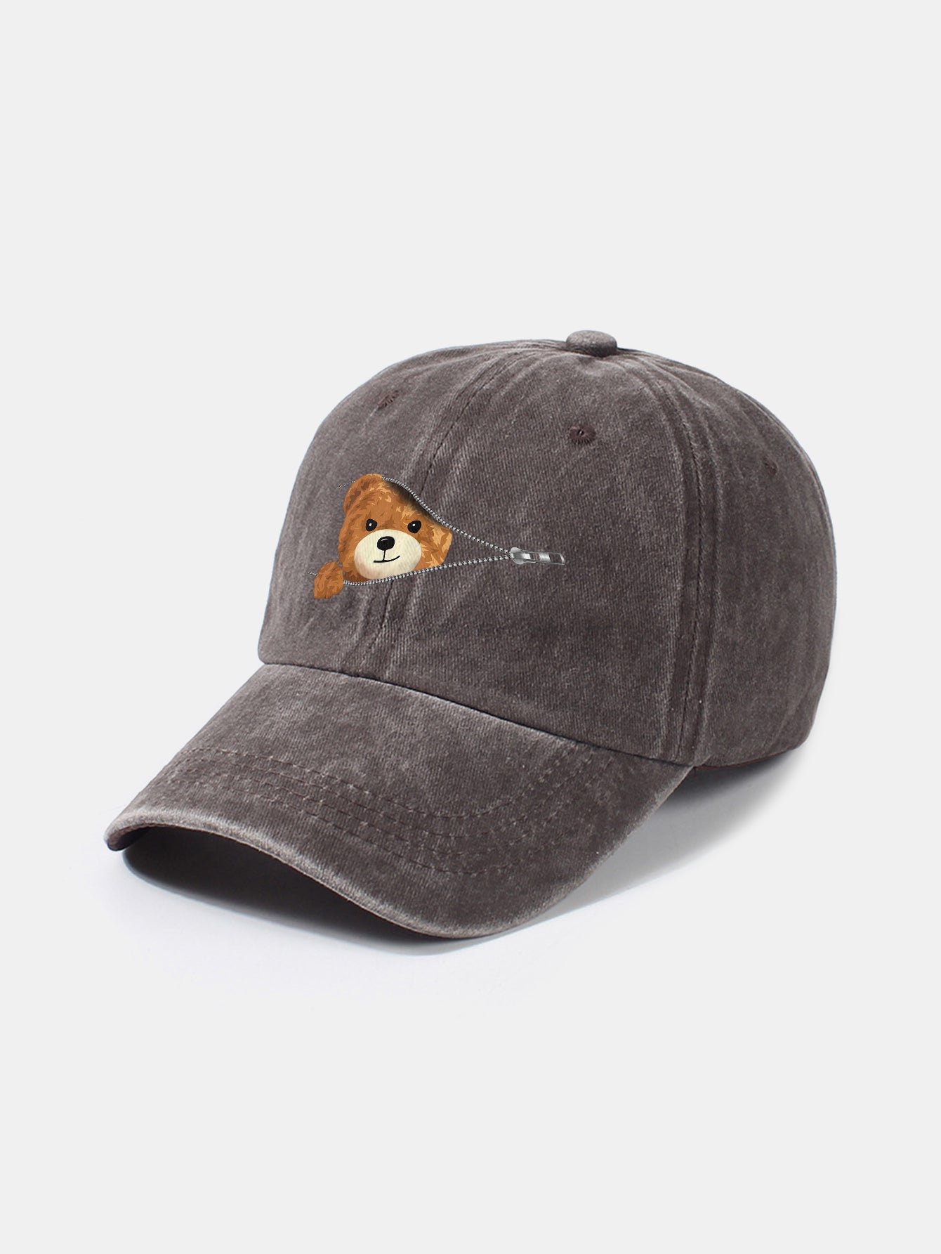Zipper Bear Pattern Casual Washed Cotton Baseball Cap