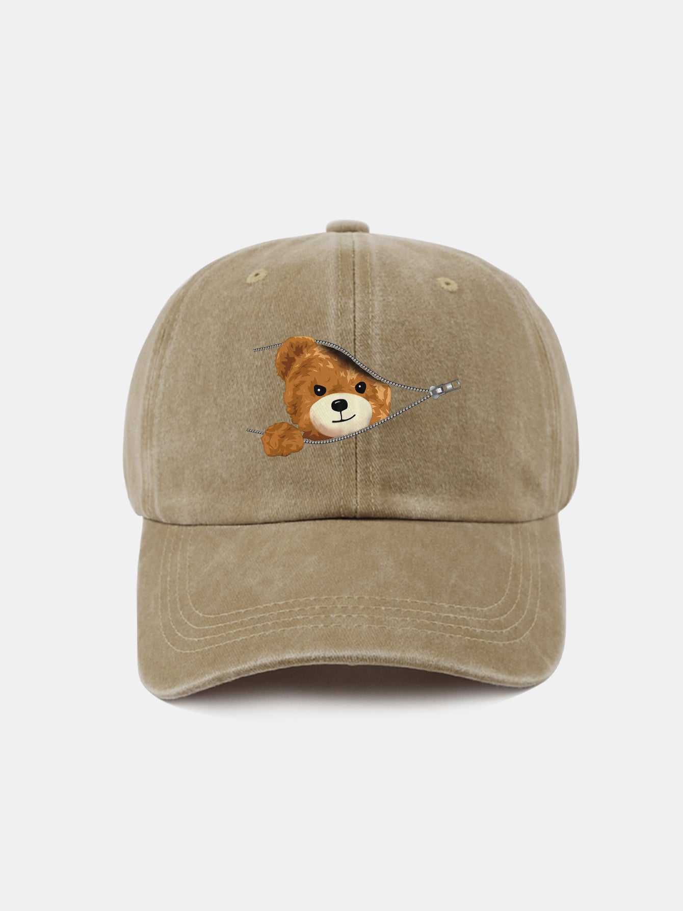 Zipper Bear Pattern Casual Washed Cotton Baseball Cap