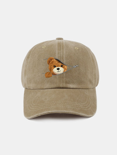 Zipper Bear Pattern Casual Washed Cotton Baseball Cap