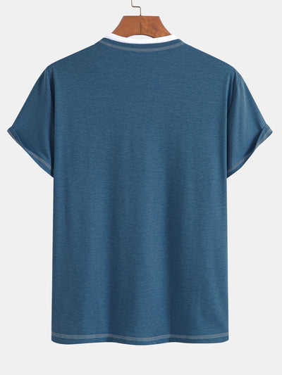 2-in-1 Notched Collar Contrast Stitching T-Shirt