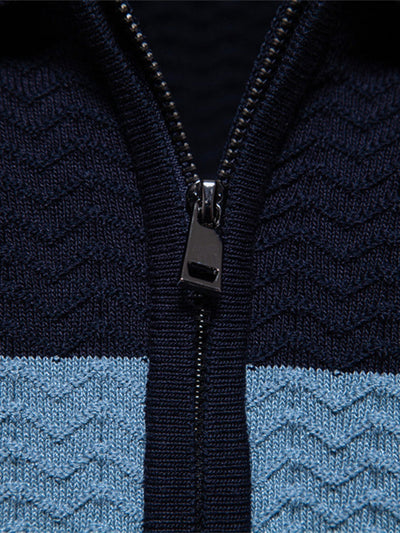 Contrast Textured Jacquard Knit Zip Up Polo Shirt