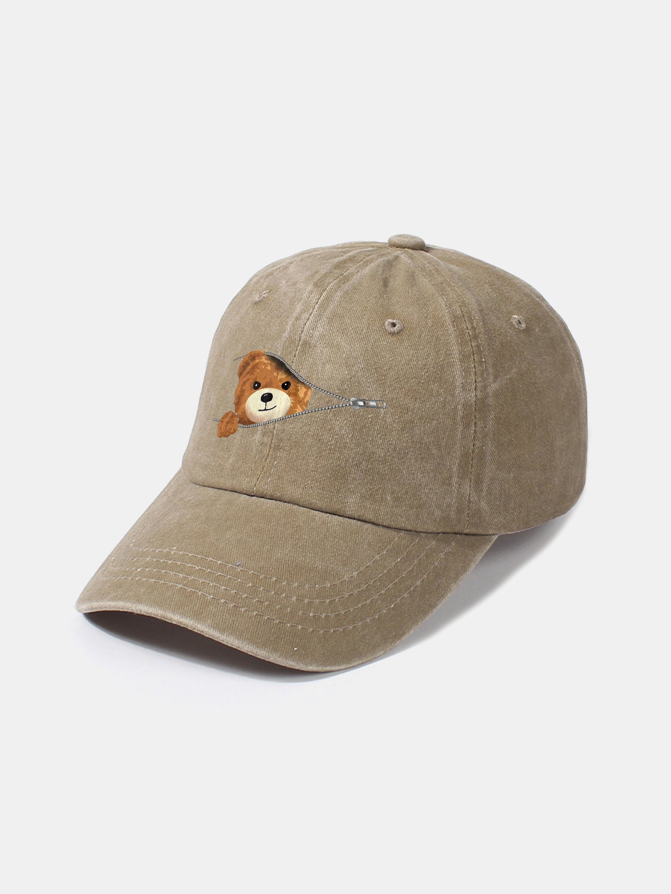 Zipper Bear Pattern Casual Washed Cotton Baseball Cap