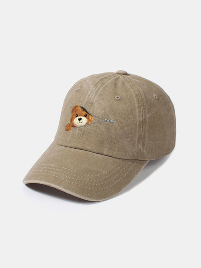 Zipper Bear Pattern Casual Washed Cotton Baseball Cap