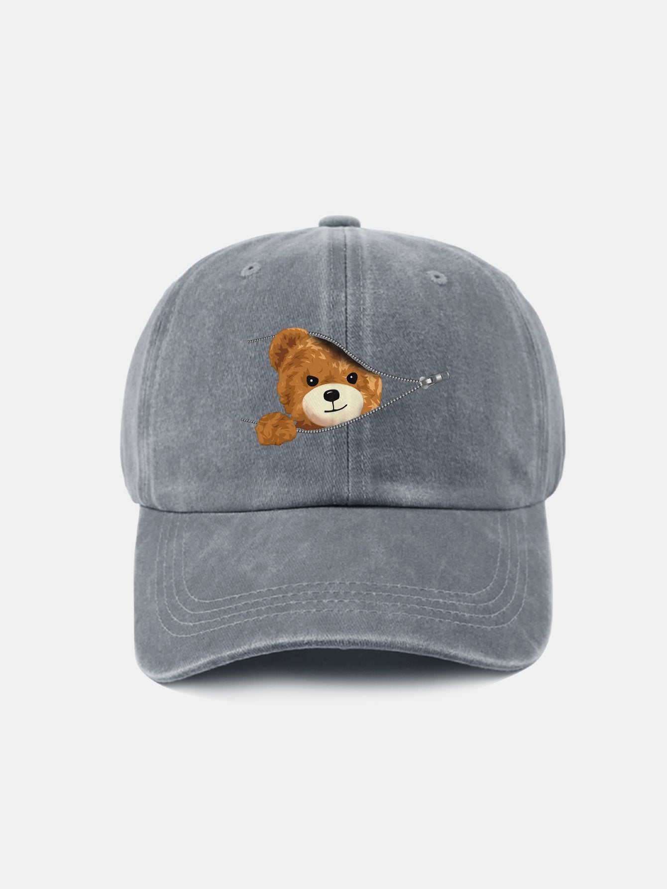 Zipper Bear Pattern Casual Washed Cotton Baseball Cap